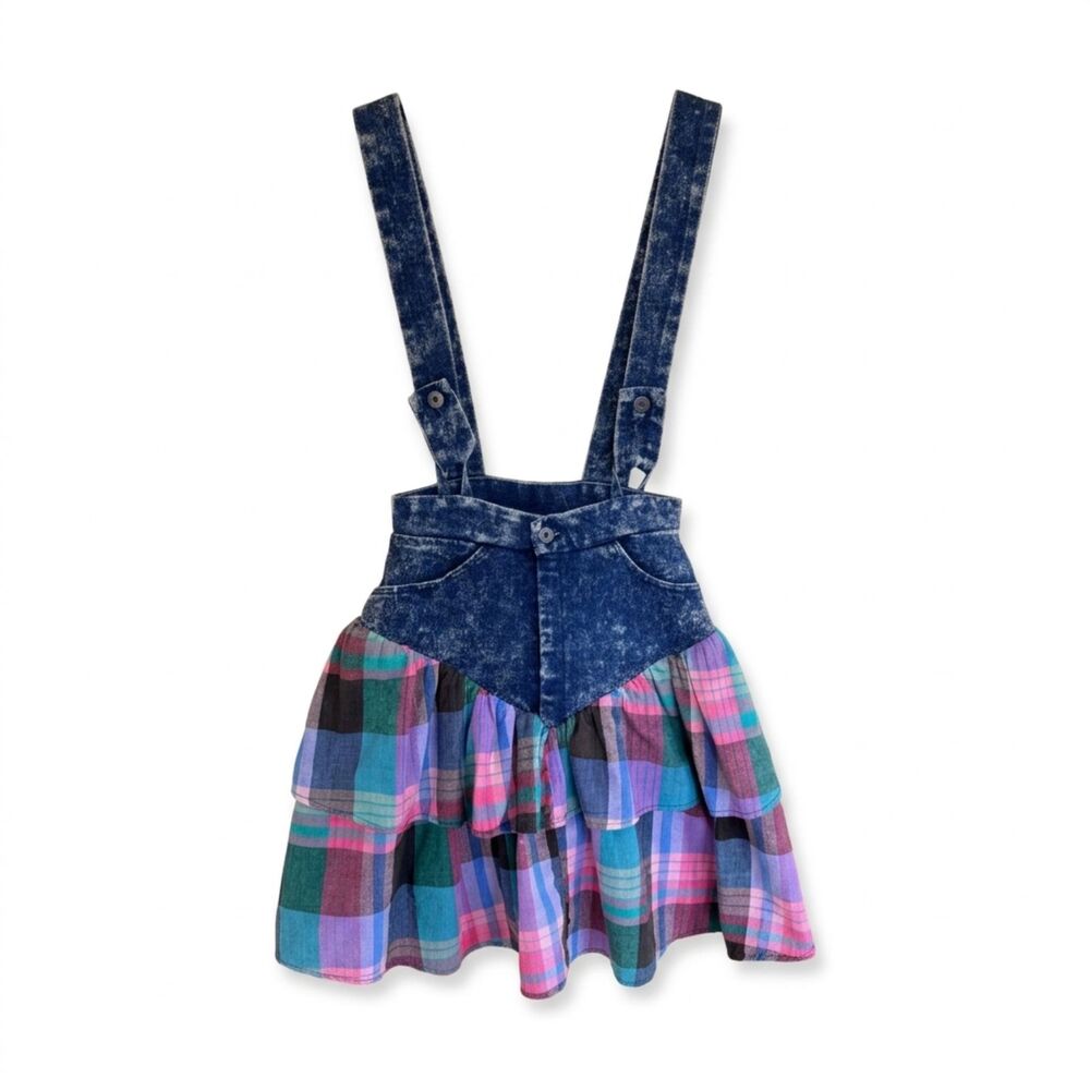 Vintage 80s Jackie O!‎ Acid Wash Denim Plaid Ruffle Pinafore Dress Size 5